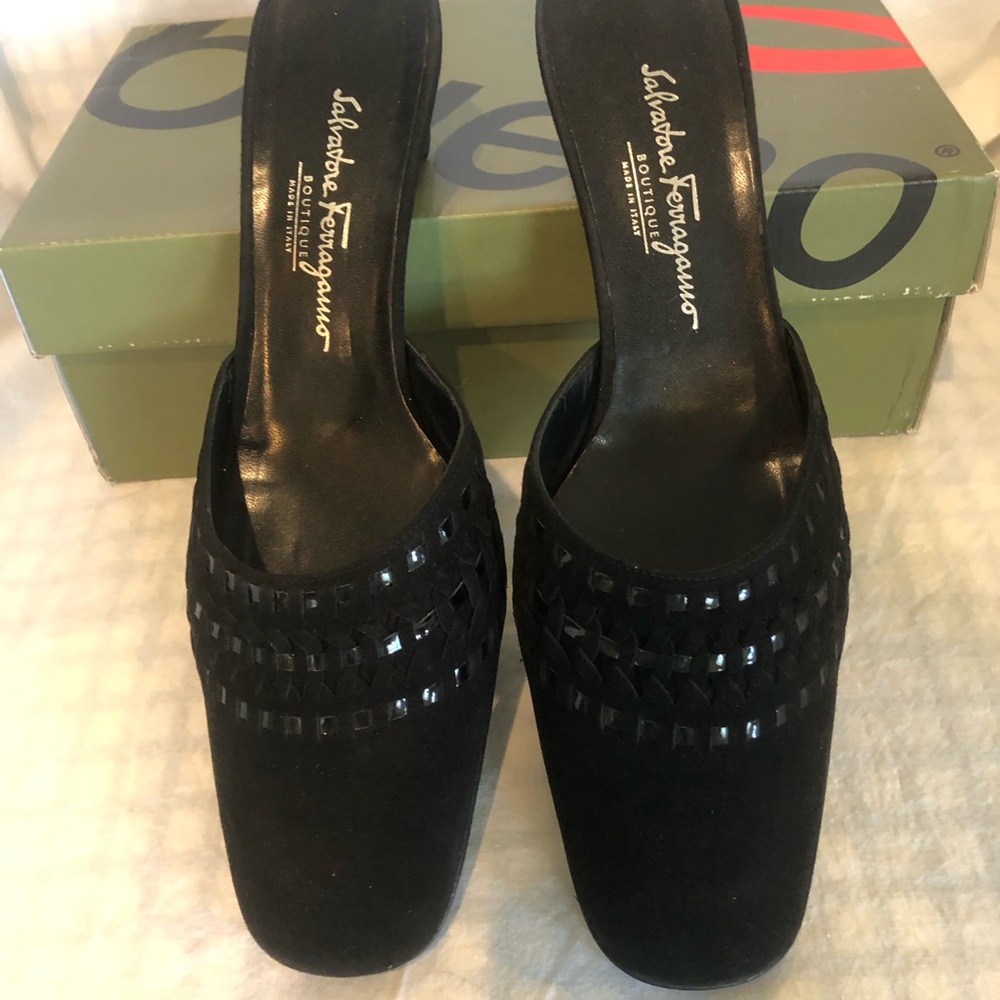 Salvatore Ferragamo Black Suede Mules 1” heel